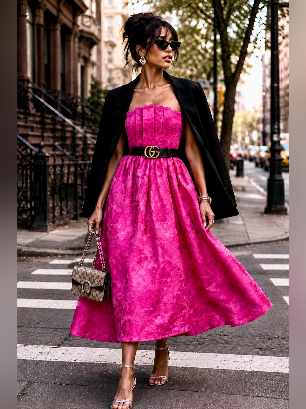 Entro Pink Floral Jacquard Strapless Midi Dress L Pockets Barbiecore - Picture 4 of 16